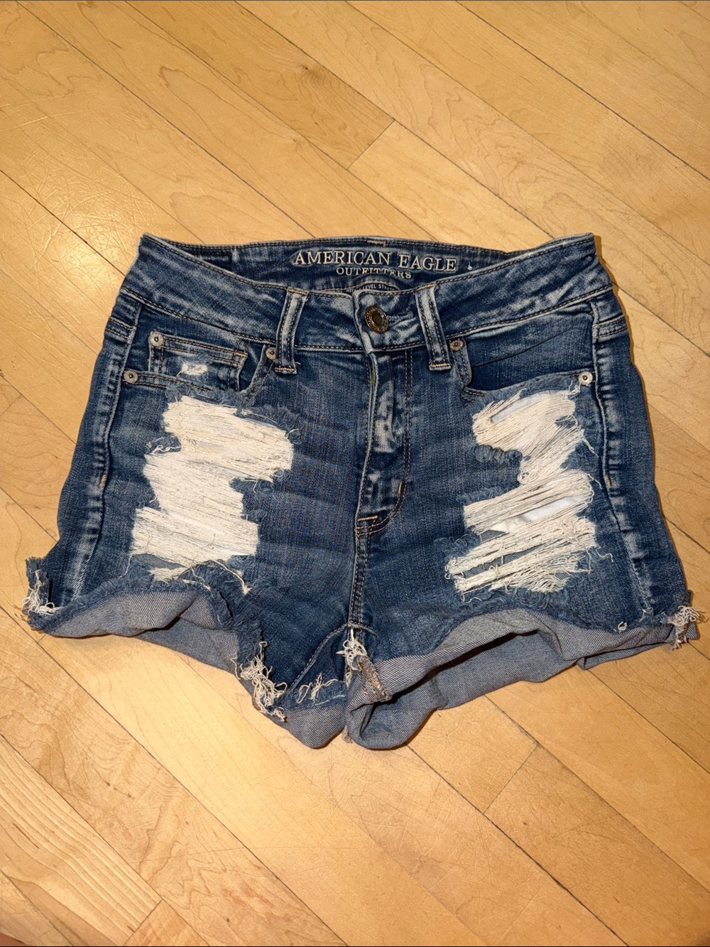 American Eagle Outfitters Blue Distressed High-Rise Denim Shorts